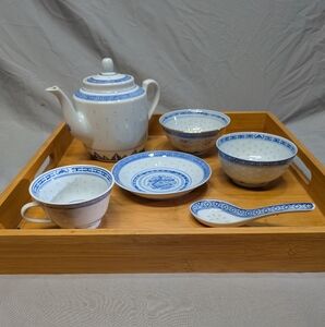 Jingdezhen Chinese Blue/White Ling Long Porcelain Tea and Rice Bowl Set